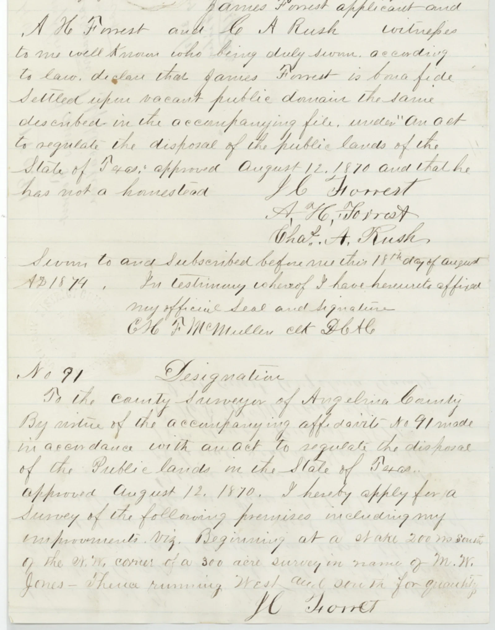 Forrest, J C Original Cursive Land Grant & Field Notes (Angelina County, Abstract A-279)